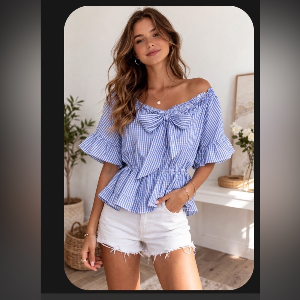 Bow front striped top boutique spring gingham casual L classic party $88 summer